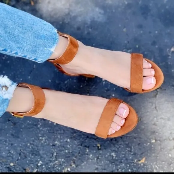 Womens Suede Ankle Strap Block Heel Dress Sandals Tan Color