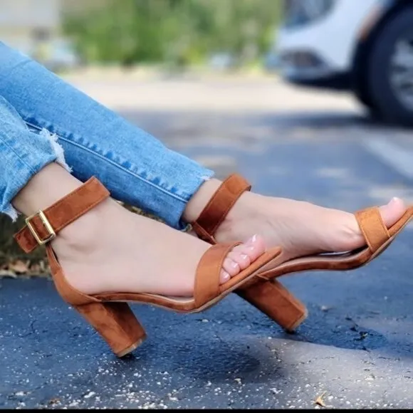 Womens Suede Ankle Strap Block Heel Dress Sandals Tan Color