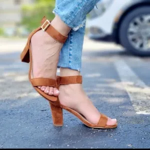 Womens Suede Ankle Strap Block Heel Dress Sandals Tan Color