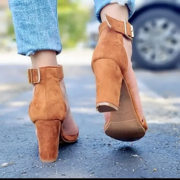 Womens Suede Ankle Strap Block Heel Dress Sandals Tan Color