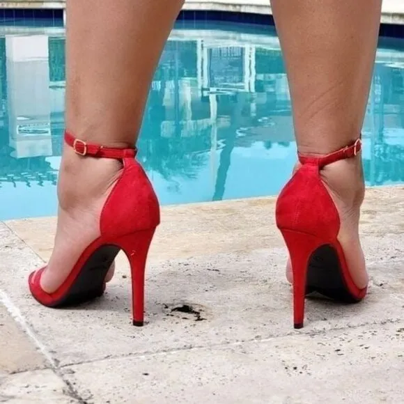 Women's Suede Strappy Ankle High Heel Sandals‎ Red Color