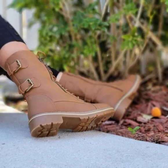 Women's Tan Lace up and Ankle Mid Calf Combat Boots