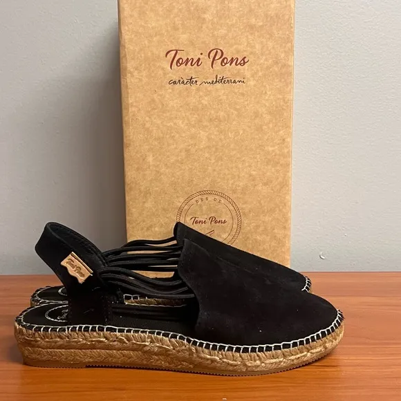 Women's Toni Pons Nuria Black Espadrille Elastic Strap Sandals Size 7.5 NIB