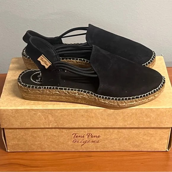 Women's Toni Pons Nuria Black Espadrille Elastic Strap Sandals Size 7.5 NIB