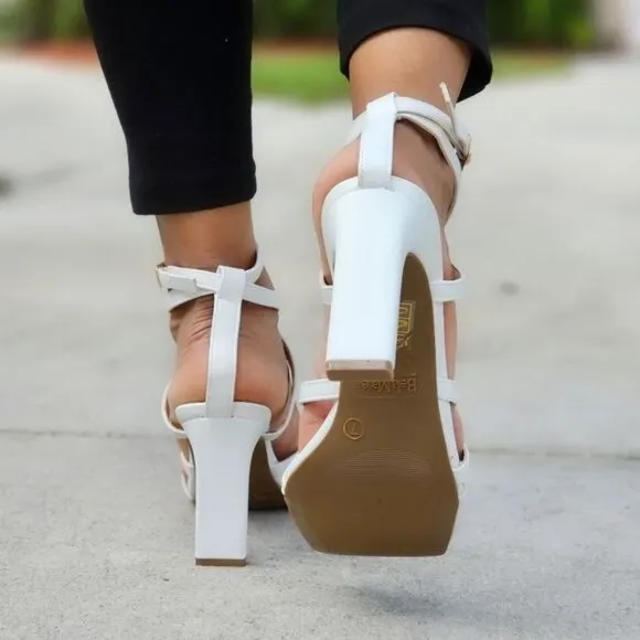 Womens Triple Straps Chunky Heels Sandals White Color