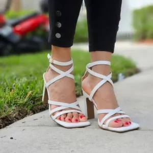 Womens Triple Straps Chunky Heels Sandals White Color