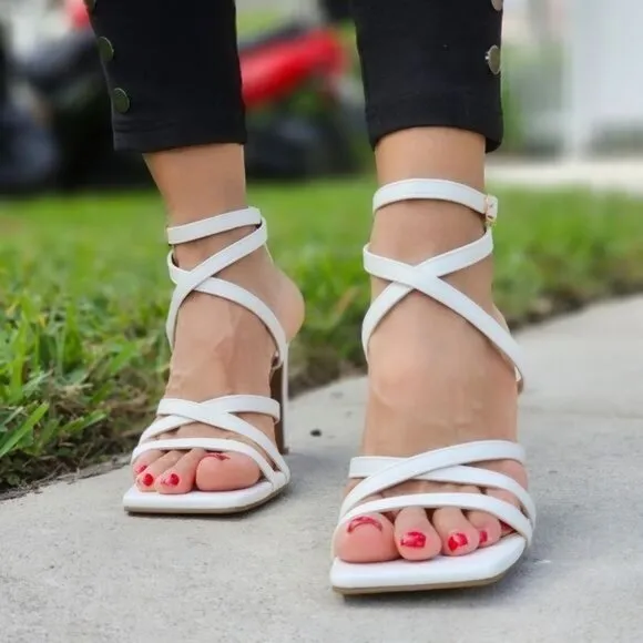 Womens Triple Straps Chunky Heels Sandals White Color
