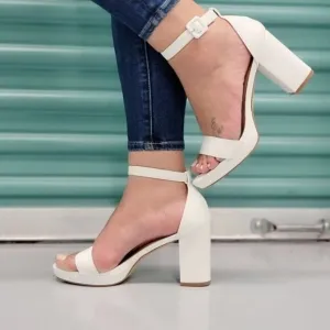 Women's White Ankle Strap Block‎ Heel Dress Sandals