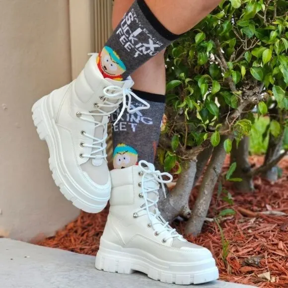 Women's White Chunky Block High Heel Ankle Combat Booties