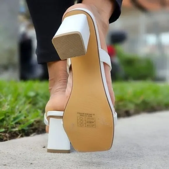 Women's White Square Sole Double Strap Chunky Heel Sandals