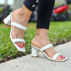 Women's White Square Sole Double Strap Chunky Heel Sandals