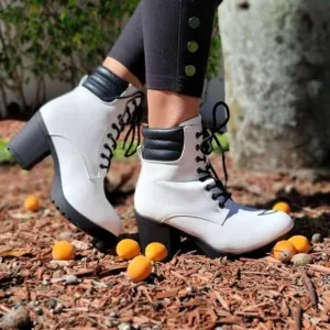 Women's White Chunky Block High Heel Ankle Booties