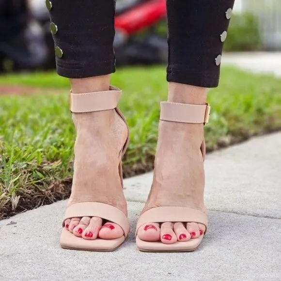 Women's Ankle Strap Block Heel Dress Sandals Nude Color