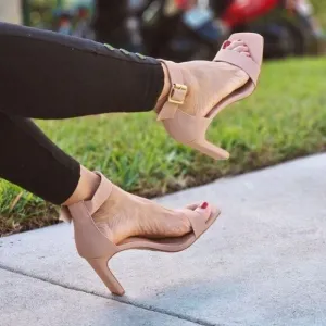 Women's Ankle Strap Block Heel Dress Sandals Nude Color