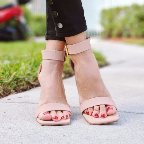 Women's Ankle Strap Block Heel Dress Sandals Nude Color