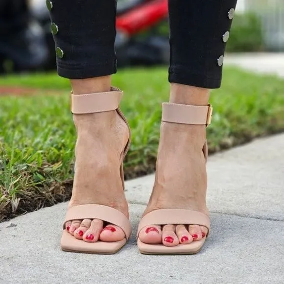 Women's Ankle Strap Block Heel Dress Sandals Nude Color