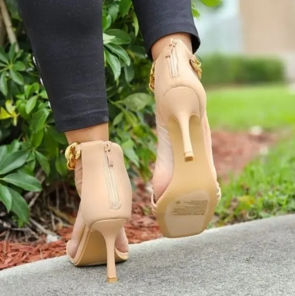 Womens Ankle Strap Heels Chains Stiletto Sandals Nude Color