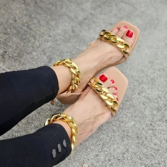 Womens Ankle Strap Heels Chains Stiletto Sandals Nude Color