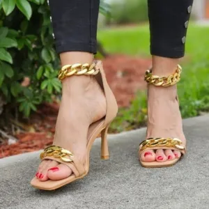 Womens Ankle Strap Heels Chains Stiletto Sandals Nude Color