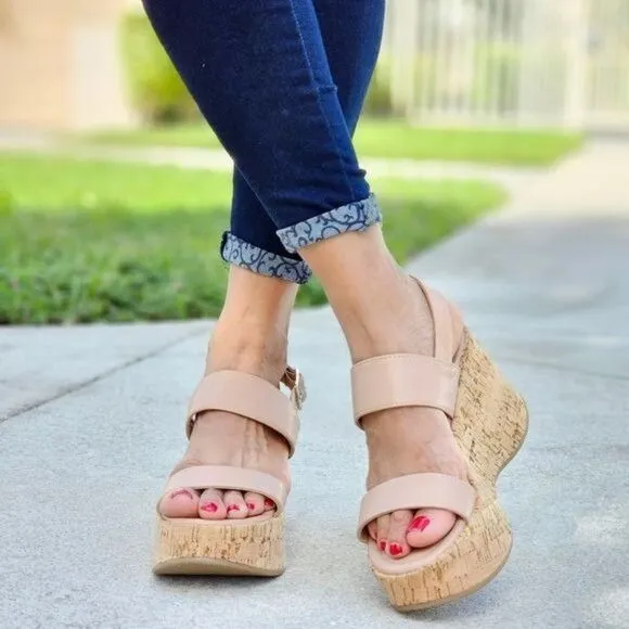 Women's High Platform Ankle Strap Wedge Almond Color