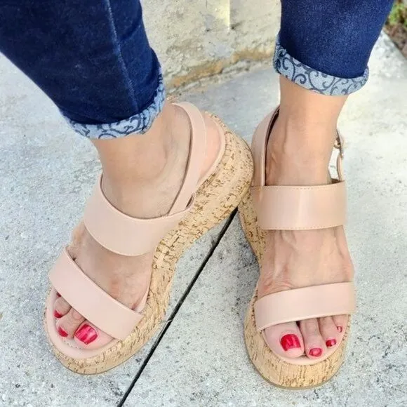 Women's High Platform Ankle Strap Wedge Almond Color