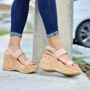 Women's High Platform Ankle Strap Wedge Almond Color