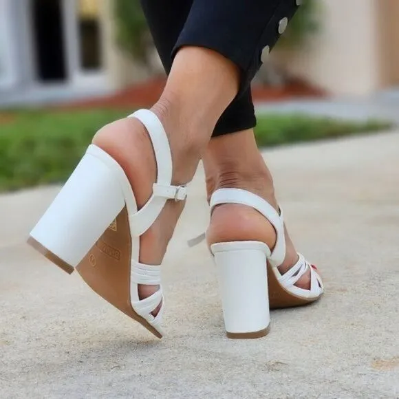 Women's Knotted  Block Heel Ankle Strap Sandals White Color