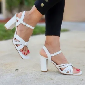 Women's Knotted  Block Heel Ankle Strap Sandals White Color