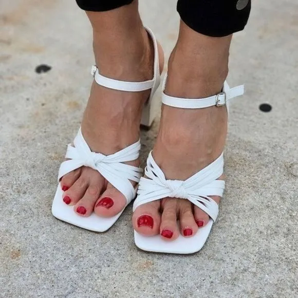 Women's Knotted  Block Heel Ankle Strap Sandals White Color