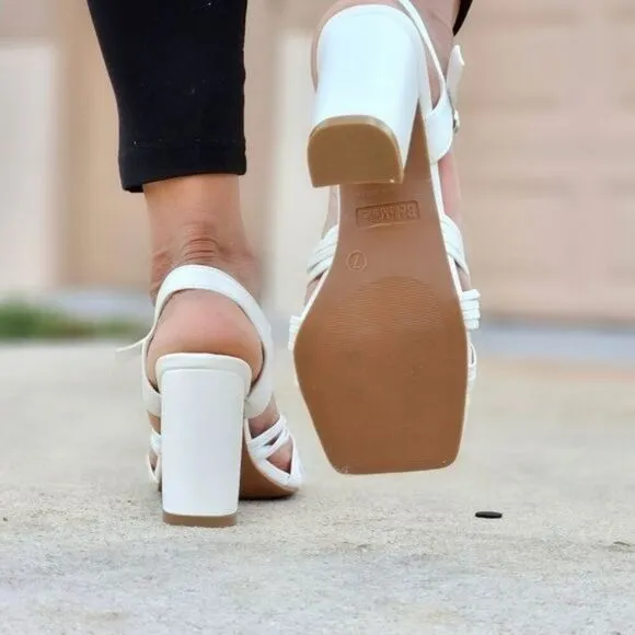 Women's Knotted  Block Heel Ankle Strap Sandals White Color