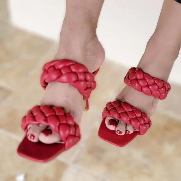 Women's Red Double Braided Square Toe Mule Sandal