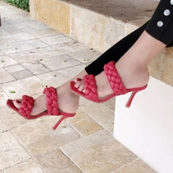 Women's Red Double Braided Square Toe Mule Sandal