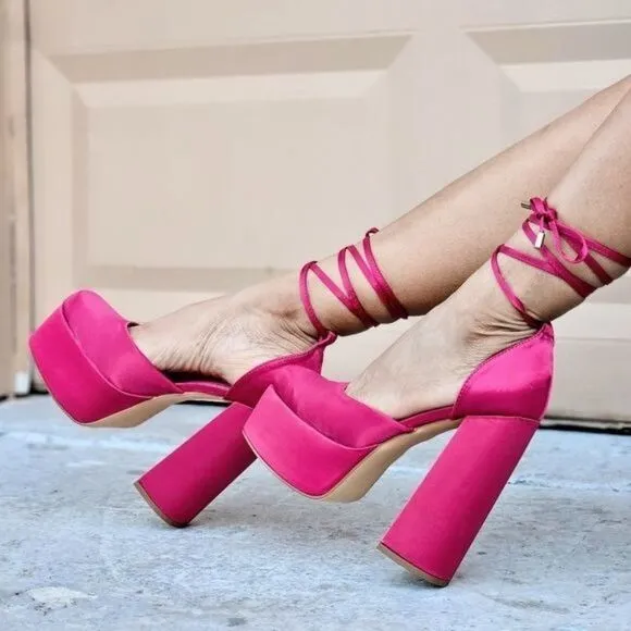 Womens Satin Platform Chunky Lace Up Heels Pink Color