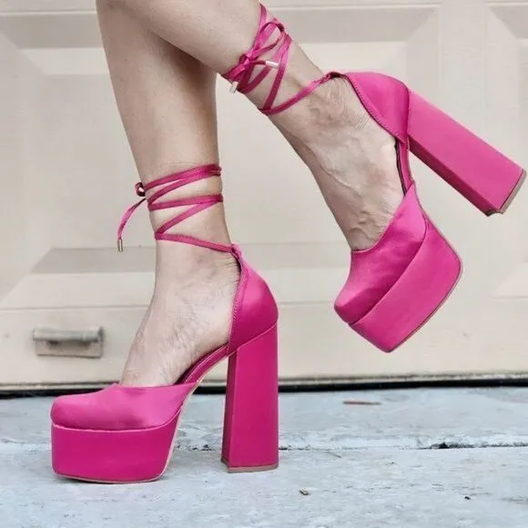 Womens Satin Platform Chunky Lace Up Heels Pink Color