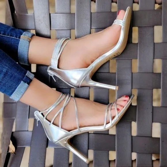 Women's Silver Open Toe Strappy High Heels Sandals