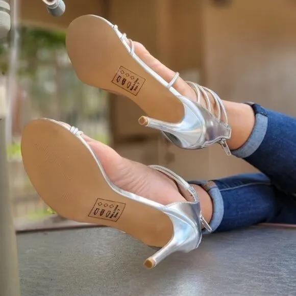 Women's Silver Open Toe Strappy High Heels Sandals