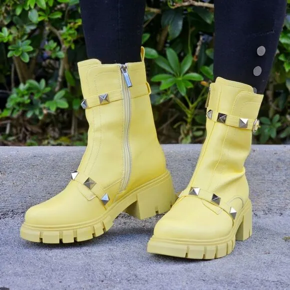Women's Yellow Pyramid Stud Ankle Combat Boot