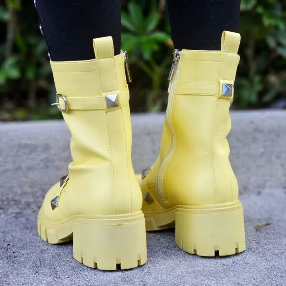 Women's Yellow Pyramid Stud Ankle Combat Boot