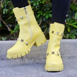 Women's Yellow Pyramid Stud Ankle Combat Boot