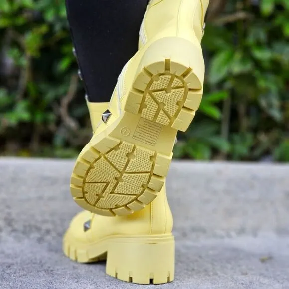 Women's Yellow Pyramid Stud Ankle Combat Boot