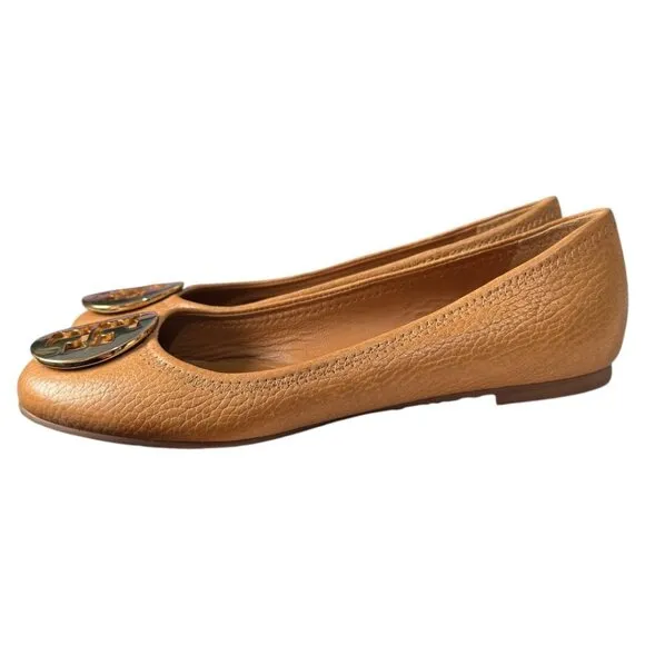 WORN ONCE Tory Burch Caramel Tan Pebbled Leather Designer ballet flats sz 5.5 M