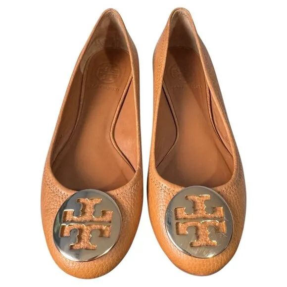 WORN ONCE Tory Burch Caramel Tan Pebbled Leather Designer ballet flats sz 5.5 M