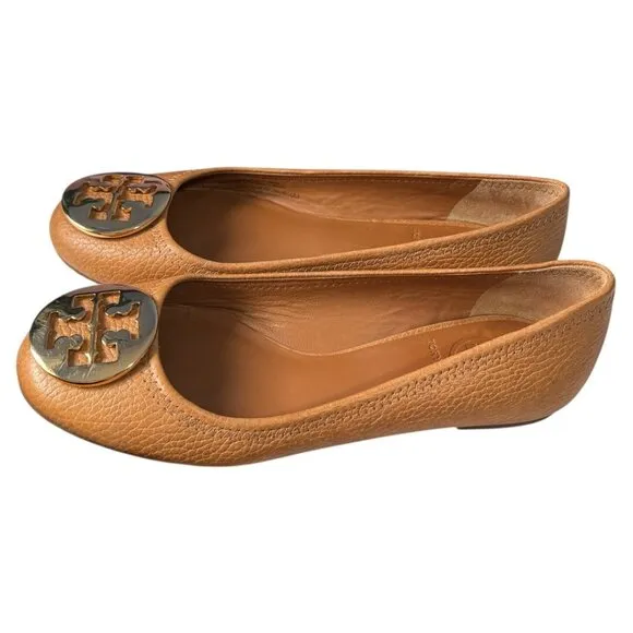 WORN ONCE Tory Burch Caramel Tan Pebbled Leather Designer ballet flats sz 5.5 M