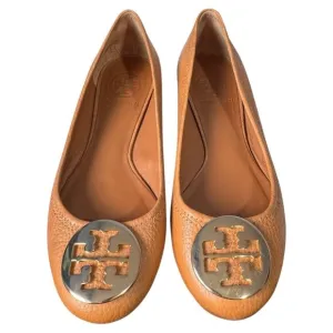 WORN ONCE Tory Burch Caramel Tan Pebbled Leather Designer ballet flats sz 5.5 M