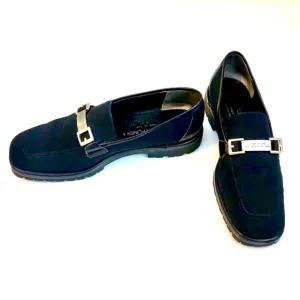 Y2K DONALD J PLINER Italy Inga Genegum Lug Black Loafers Silver Logo Buckle 7.5