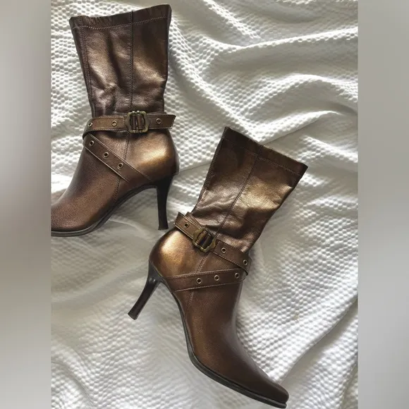 Y2K Franco Sarto Bronze Grommet Pointy Kitten Heel Boots