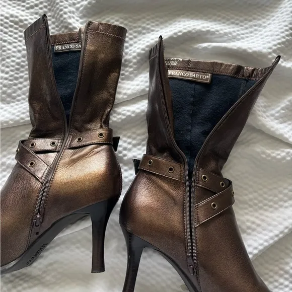 Y2K Franco Sarto Bronze Grommet Pointy Kitten Heel Boots