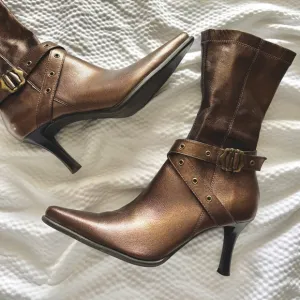 Y2K Franco Sarto Bronze Grommet Pointy Kitten Heel Boots