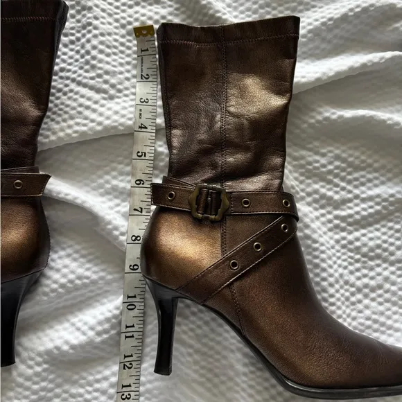 Y2K Franco Sarto Bronze Grommet Pointy Kitten Heel Boots