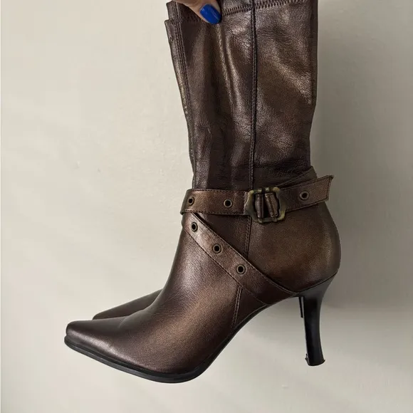 Y2K Franco Sarto Bronze Grommet Pointy Kitten Heel Boots